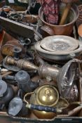 A mixed collection of metal wares to include pewter , silver plate , brass kettle ,