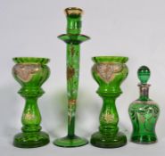 4 pieces of 20th Century Scandinavian style green studio art glass with painted decorations