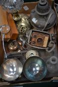 A mixed lot to include 20th Century ink wells , carved pencil cases , brass oil lamps ,