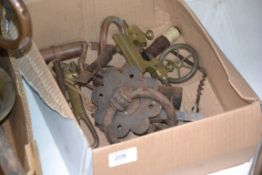 A collection of items to include a bully tin opener in the manner of Prestons,