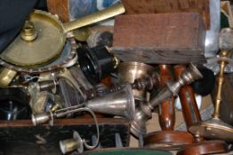 A mixed lot to include brass candle sticks , boxes ,