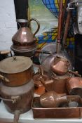 A good collection of Victorian copper wares to include kettles , pans , planters ,