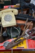 A mixed lot to include a bakelite phone , vintage model boat , French flag ,