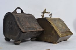 Two Victorian brass coal scuttles with decorated hinged doors