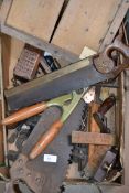 A good collection of vintage tools to include saws , chisels , rules etc.