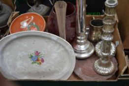 A mixed lot to include cranberry glass , a pair of studio glass inkwells / paperweights etc.