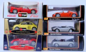 1:18 SCALE: A collection of 6x 1:18 scale boxed diecast model Burago and Maisto cars to include