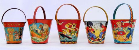 TINPLATE BUCKETS: A collection of 5x vintage 1930's - 1950's tinplate seaside beach metal