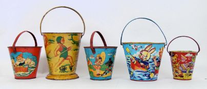 TINPLATE BUCKETS: A collection of 5x vintage 1930's - 1950's tinplate seaside beach metal
