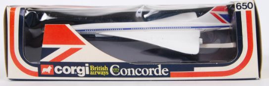 CORGI: An original vintage Corgi diecast model 650 BA Concorde plane.