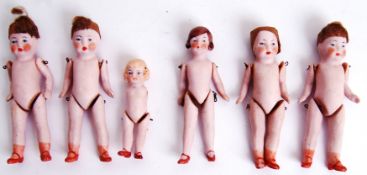 DOLLS: A collection of 6x antique German made bisque miniature dolls. Tallest being 9cm.