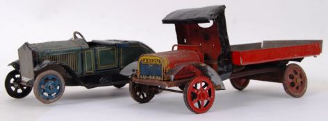 TINPLATE: Two antique, likely pre-war / Edwardian litho printed tinplate model cars / trucks.