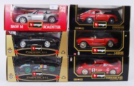 BURAGO: A collection of 6x 1:18 scale boxed diecast model Burago cars; Porsche Coupe, Lancia,