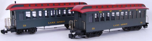 G SCALE: A pair of original G Scale railway trainset carriages ' WP & YR Lake Spirit '.