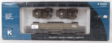 G SCALE: A G Scale K-Line Railway trainset ' US Army Flat Car with 2x Jeeps ' wagon K933-009.