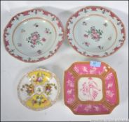 A 19th century Rockingham dish with pink panels together with 2 19th century Staffordshire bowls