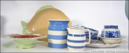 A collection off blue and white ceramics