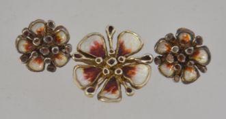 A vintage David Andersen silver and enamel pendant and earring set of floral form earrings having