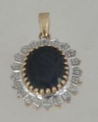 A 9ct gold, sapphire and diamond pendant. The oval sapphire being claw mounted with diamond borders.