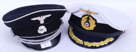 NAZI UNIFORM: Two 20th century German / Nazi Third Reich replica uniform hats - SS officers hat and