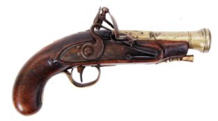 19TH CENTURY PISTOL: A good 19th century brass bell mouthed cannon barrelled flintlock pistol,