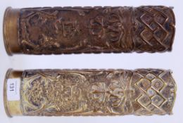 TRENCH ART; A pair of WWI First World War Trench Art decorative shells. Tallest 28cm tall.