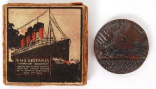 LUSITANIA: An original WWI era RMS Lusitania propaganda medal coin, within the original box.