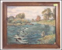 An oak framed oil on board painting / study of a lone fisherman fly fishing with vistas all around