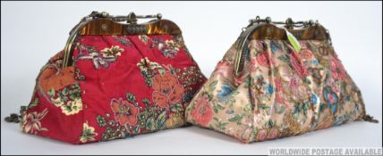2 vintage bead adorned ladies handbags, one with silk fabric, the other cord,