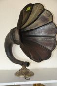 A 20th century large gramaphone horn of wooden panel tulip form with brass bracket and cast metal