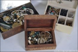 Cream coloured jewellery casket , 1 carved wooden hinged box along with a vintage tin ,