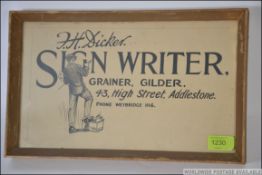 A mid 20th century original framed and glazed advertising sign in pen for Sign writing depicting a