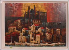 A retro 20th century framed abstract oil on canvas painting of a continental street scene in