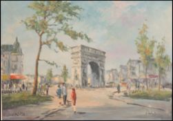 A mid century oil on canvas painting of Paris and the Arc De Triomphe being signed Vacmo to the