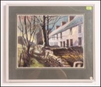 A gouache study of a Welsh landscape with row of stone cottages, figure, stone wall, etc,
