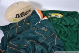 A pair of South African Springbok rugby jerseys along with an official 1987 Mitre rugby world cup