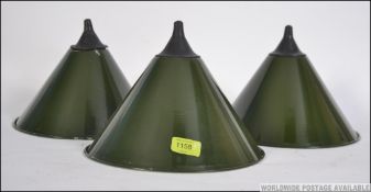 A set of 3 enamel painted ex RAF Military metal factory style Industrial pendant shade with rubber
