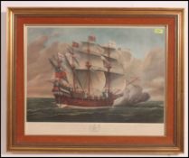 A 20th century framed print of ' Great Harry ' warship. Copy of an 18th century engraving.
