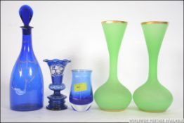 Bristol Blue Glass , 3 items : Decanter with stopper marked ' Brandy ' in gilt lettering to front ,