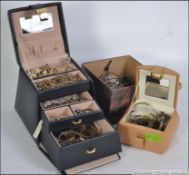 2 carry handle jewellery boxes and 1 other filled with mixed costume jewellery to include white