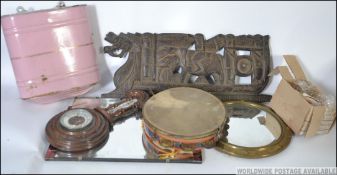 A dealers lot to include a brass convex mirror, tambourine,