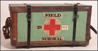 A rare world war one field surgeons military whicker and leather hamper trunk.