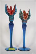 Very good pair of early 20th century studio glass candlesticks in blue and multi colour with