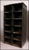 A large Industrial believed ex military 1940's 12 section cubby stationary pigeon hole cabinet in