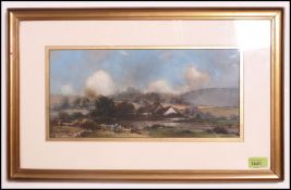 Bartram Hiles (1872-1927) England. Country landscape scene with lady at fence by river with farm.