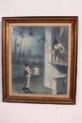 A framed and glazed 1950's / mid century painting print of child pierrot's at midnight with