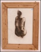A large 20th century portrait study painting in pastel of a female nude lying and crouched position.