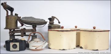 A vintage enamel canister two tone kitchen set,