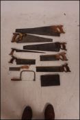 A collection of vintage carpentry / Joiner wood working tools to include saws, tool bags,