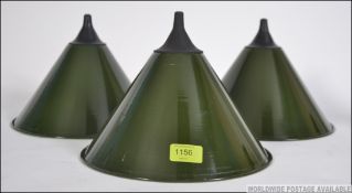 A set of 3 enamel painted ex RAF Military metal factory style Industrial pendant shade with rubber